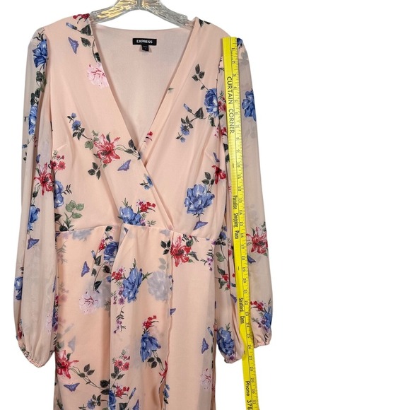 Express Floral Faux Wrap Tulip Hem Dress, Pink Print, Size Large - Picture 6 of 9